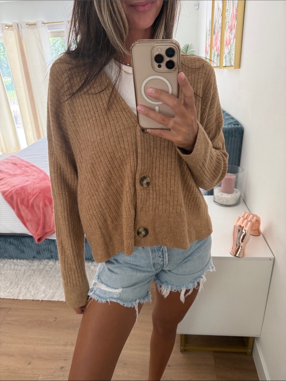 Madewell Ribbed V-Neck Button Cardigan - Camel